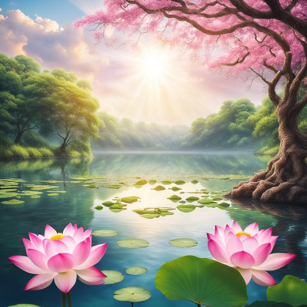 Calm Lake with Lotus Flowers and Waterfall
