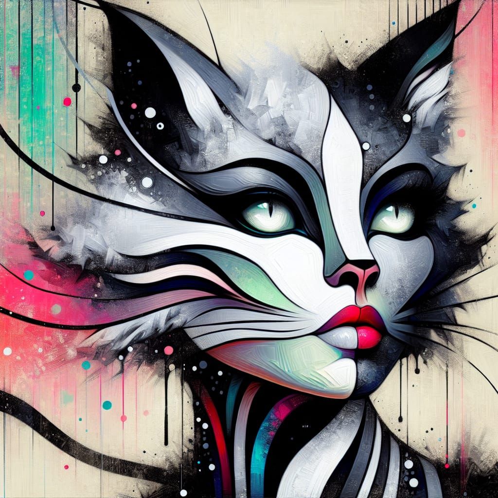 Abstract Acrylic Portrait of Cat-Human Hybrid