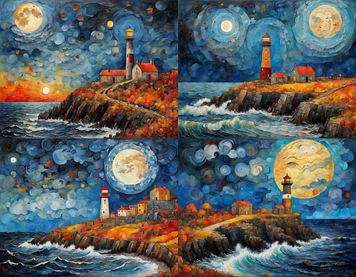 Autumn Lighthouse Under Full Moon in Vibrant Impasto Style