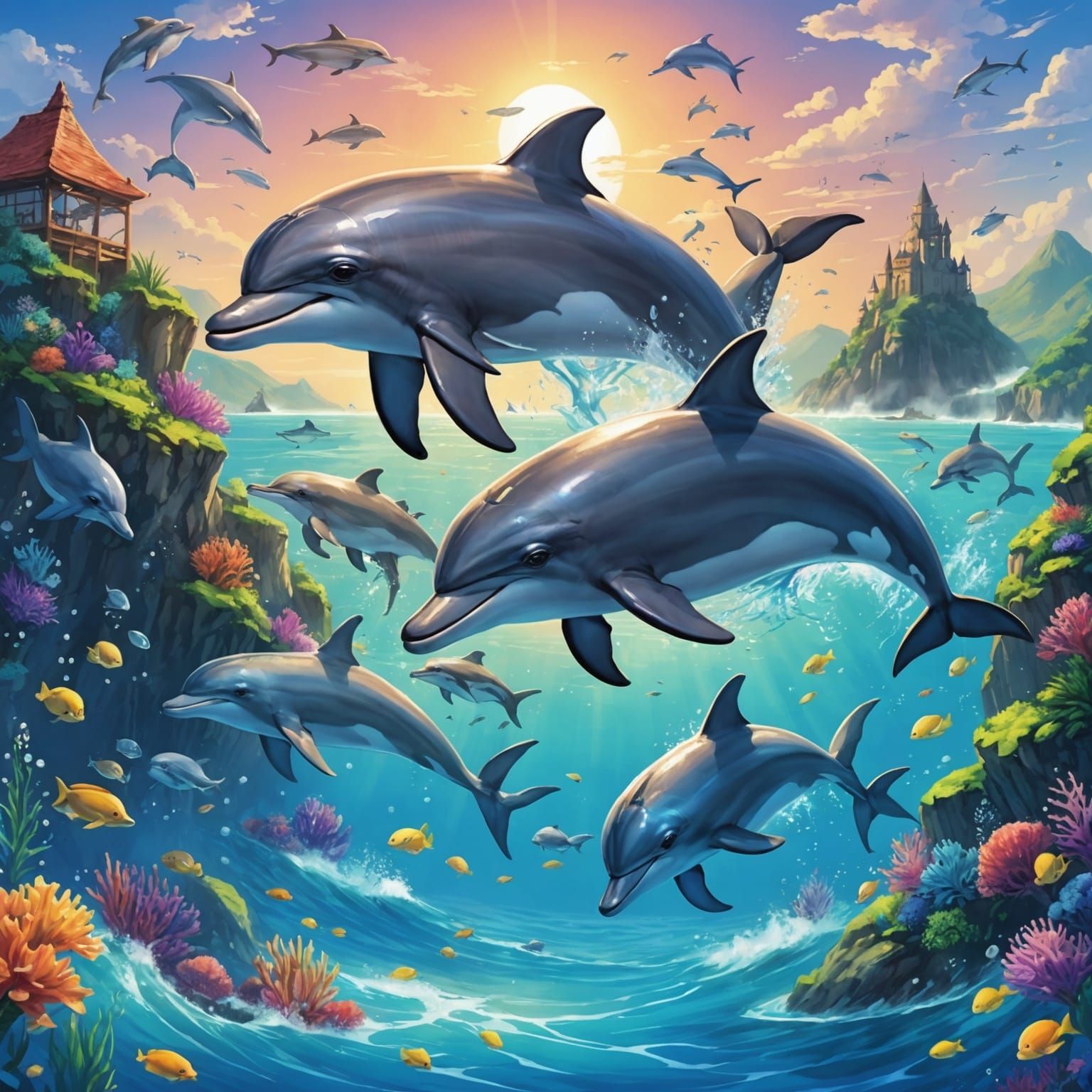 Magical Anime Dolphin Scene with Whimsical Creatures