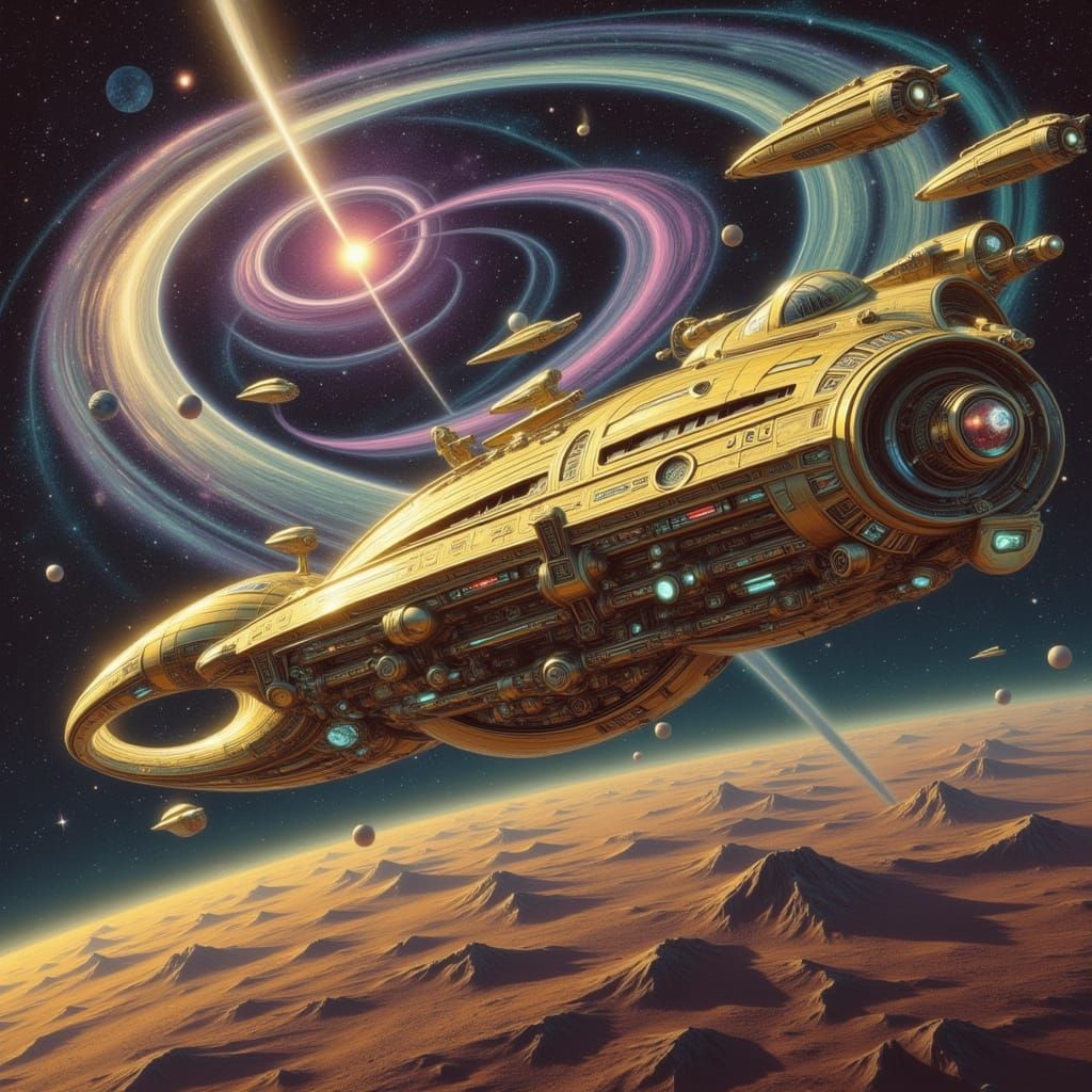 Spaceship Orbiting Alien Planet in Sci-Fi Style