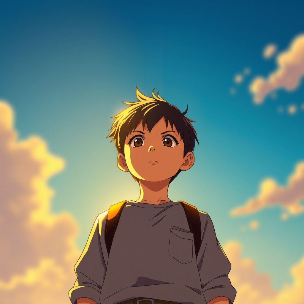 Boy Gazing at Horizon in Anime Style