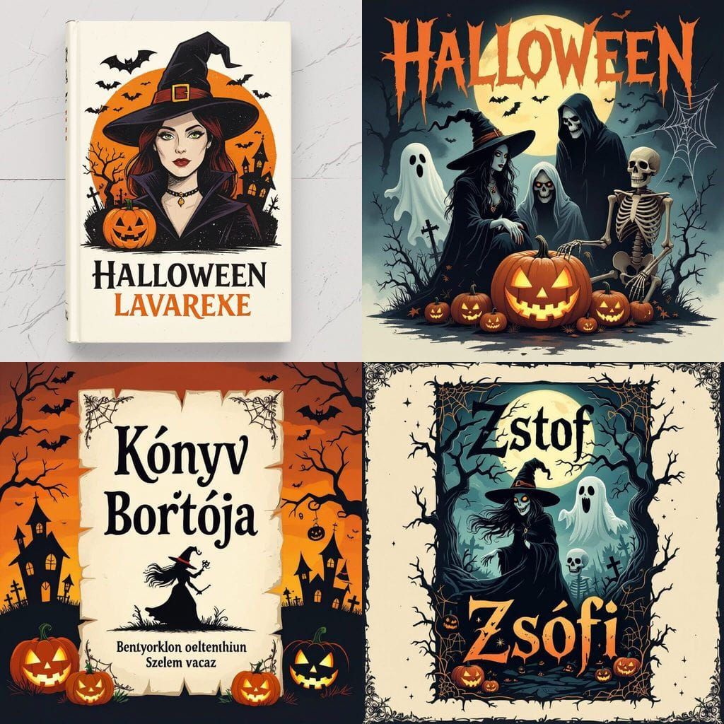 Spooky Halloween Book Cover with Witch, Ghost, and Skeleton