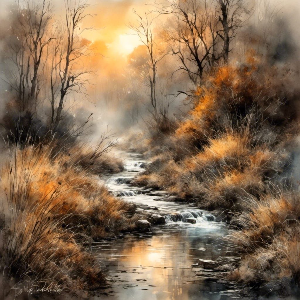 Misty Sunrise Stream: Watercolor Painting