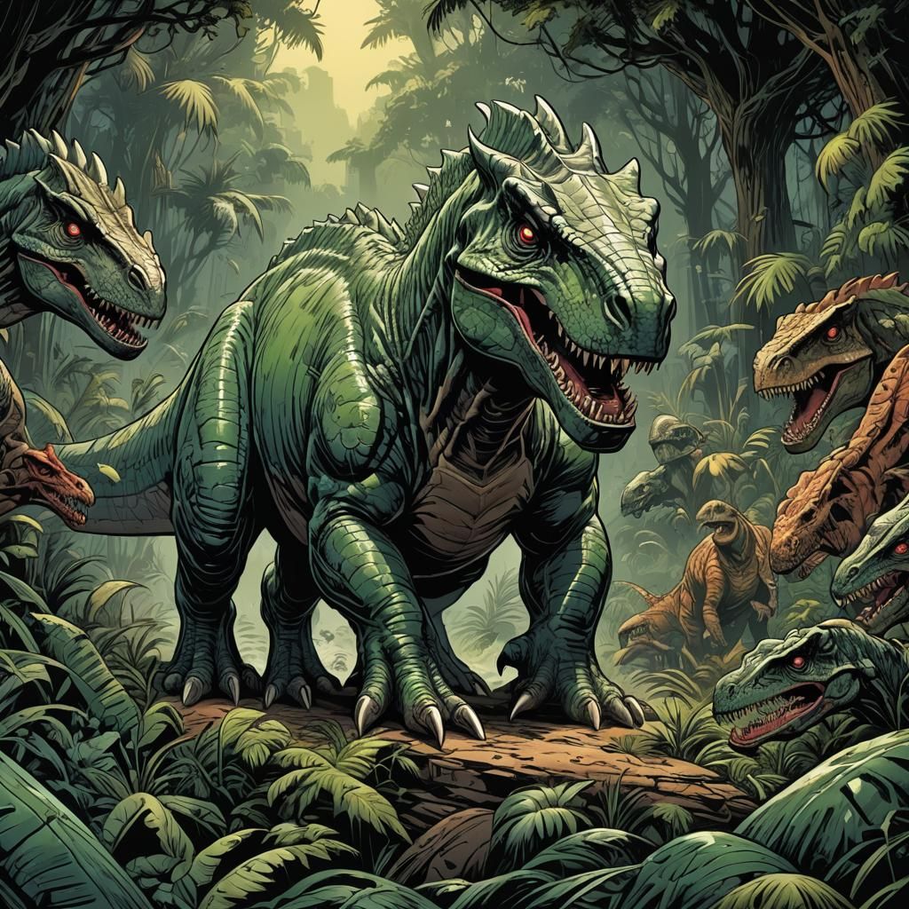 Dinosaur in Jungle Comic Book Art