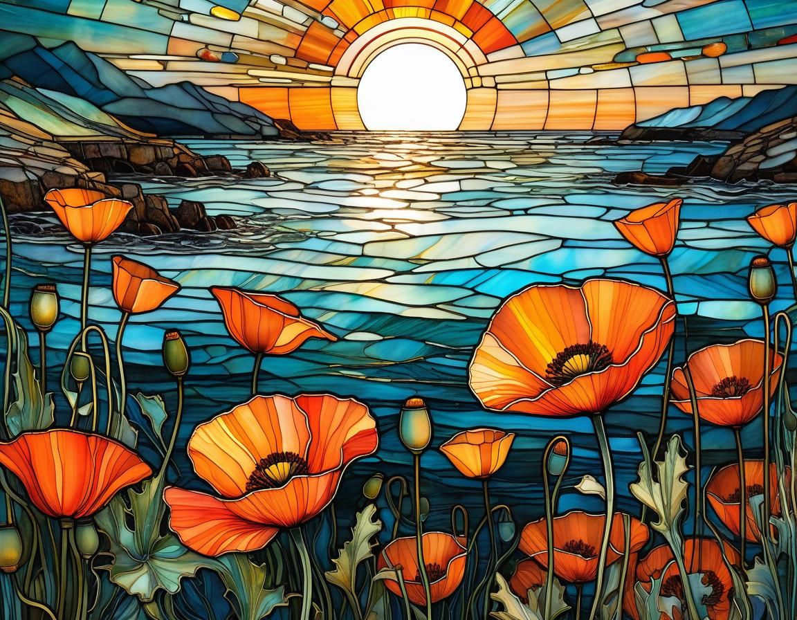 California Poppies over Ocean in Stained Glass Style