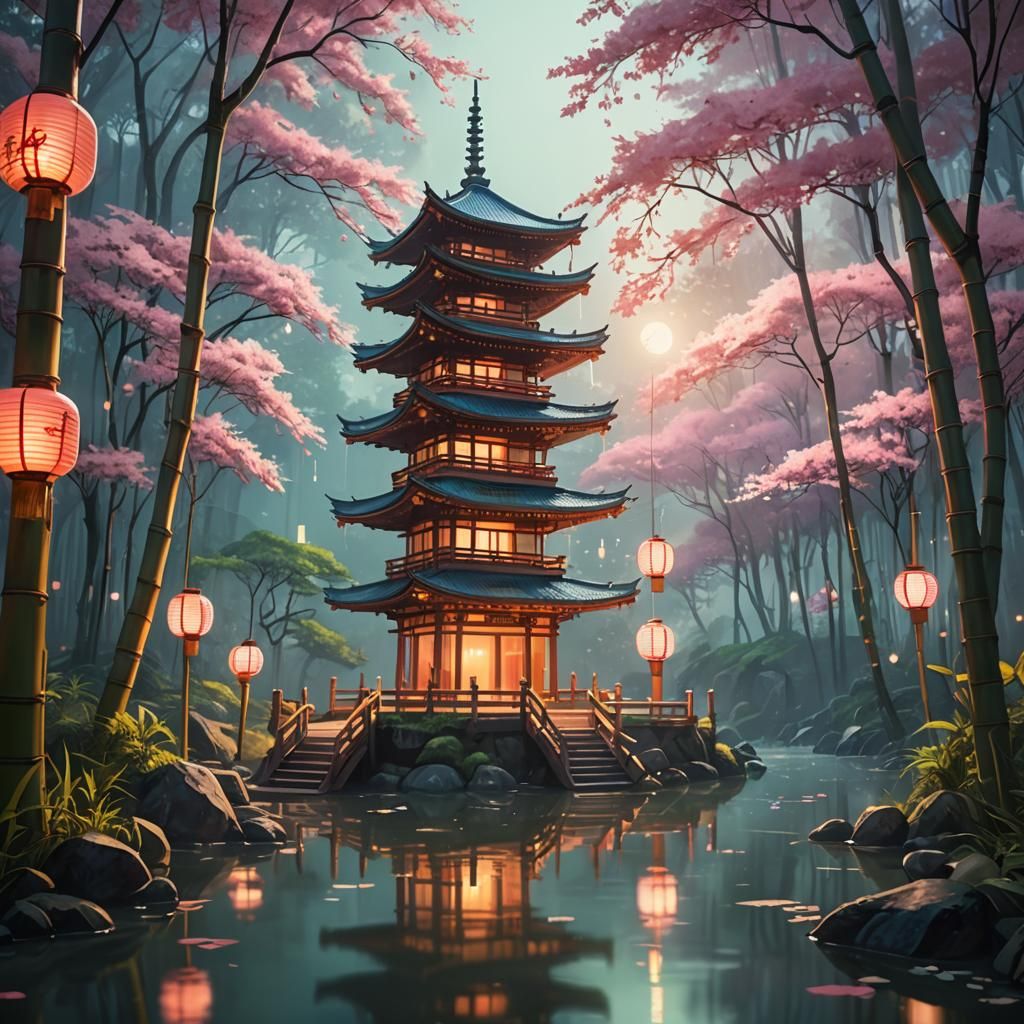 Futuristic Pagoda in Misty Forest: Concept Art