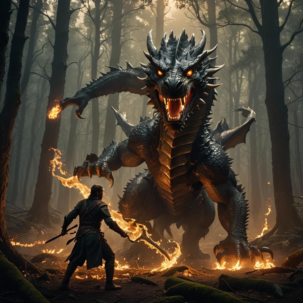 Warrior Battles Dragon in Mystical Forest