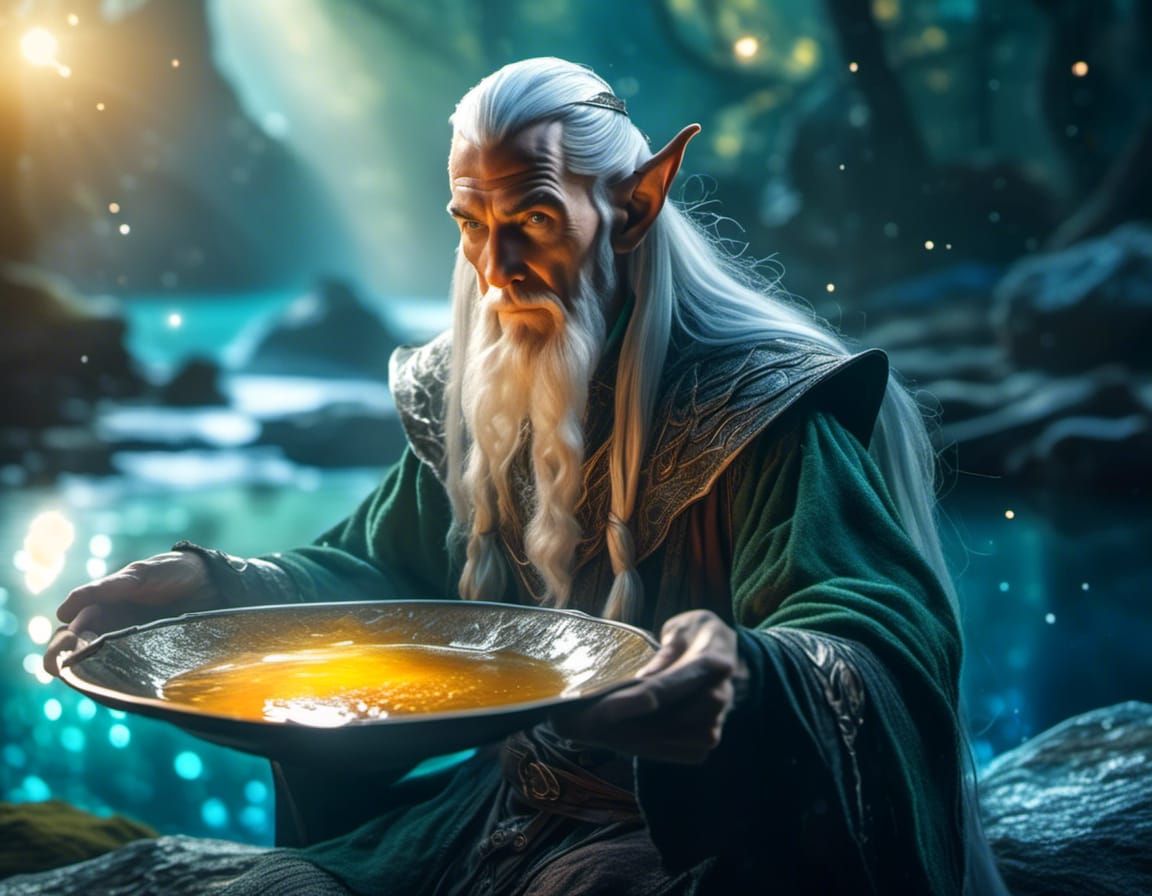 Elven Wizard Studies Scrying Dish in Photo