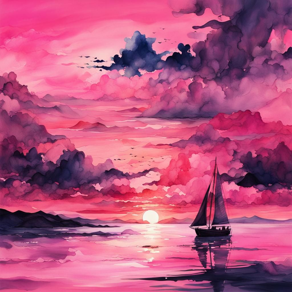 Pink Sunset Ocean Scene in Watercolor and Ink