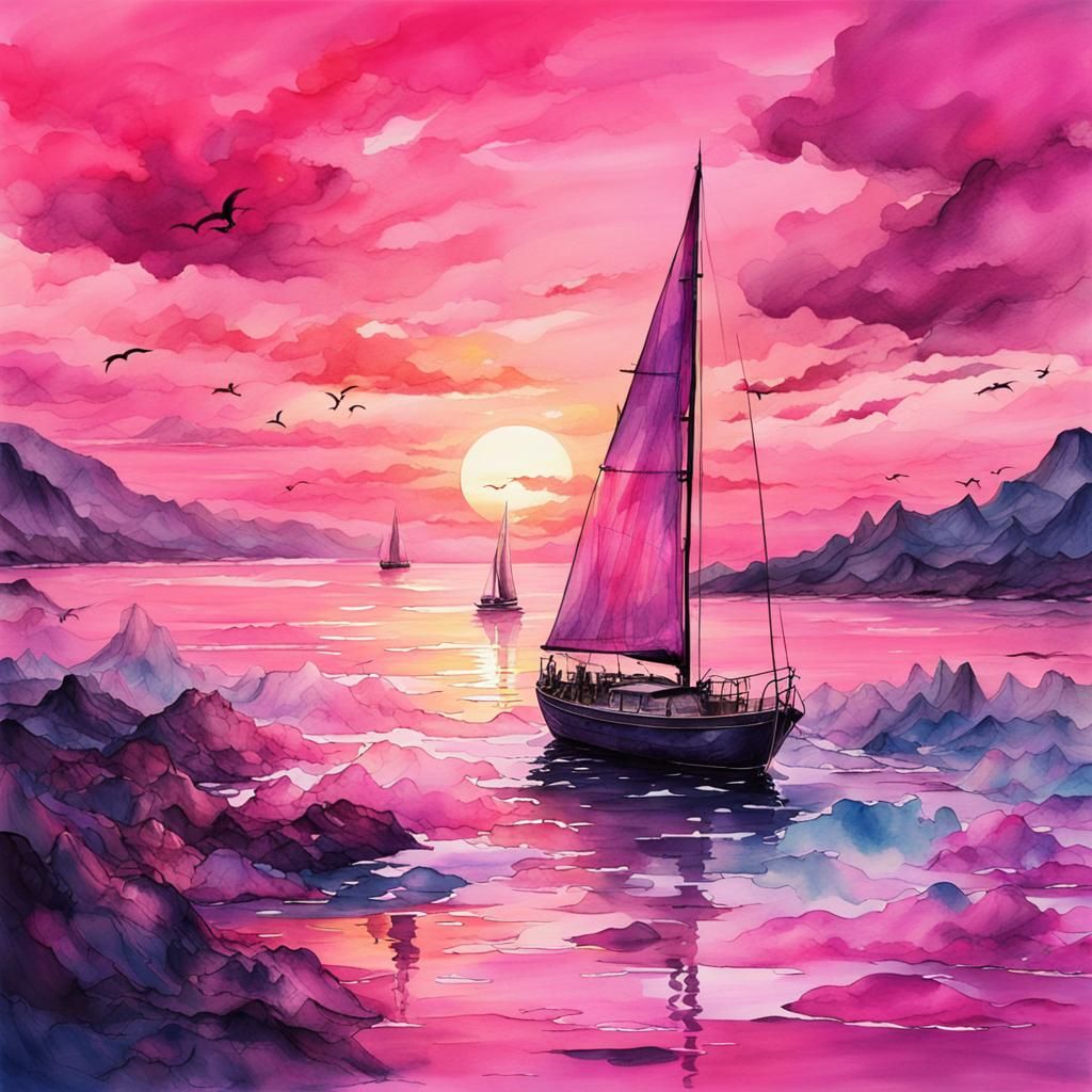 Pink Sunset Sailboat: Watercolor and Ink Painting