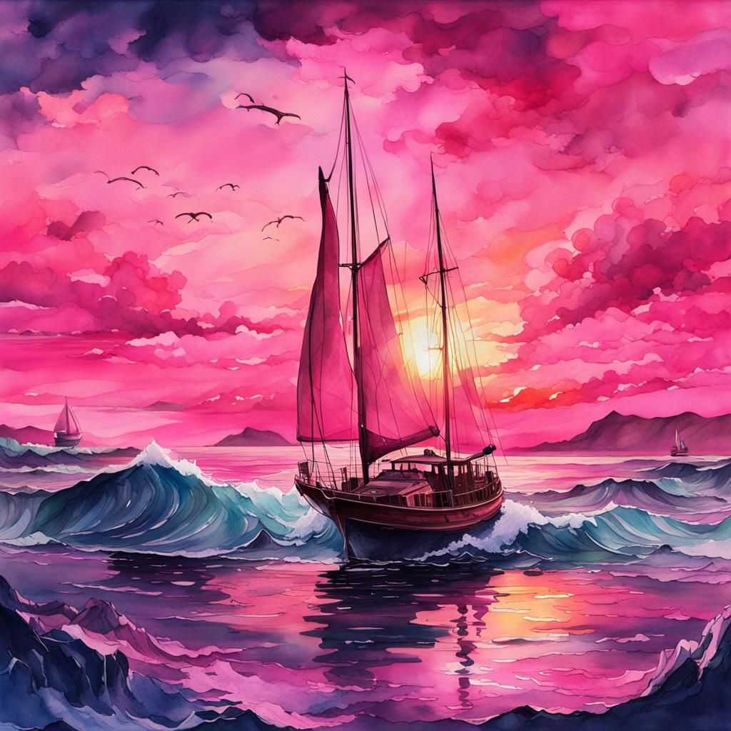 Pink Sunset Ocean Sailboat in Watercolor Painting