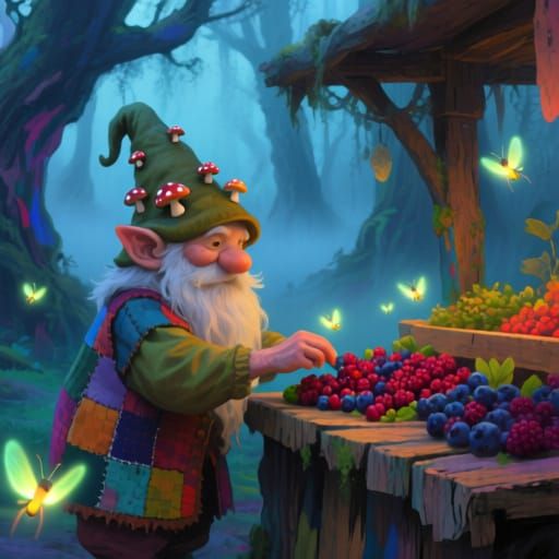 Enchanted Gnome Berry Stall in Misty Forest