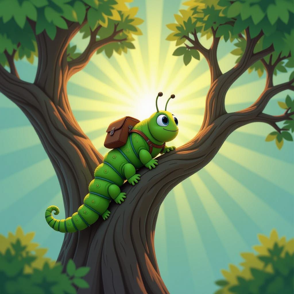 Excited Caterpillar Climbing Tree in 3D Style