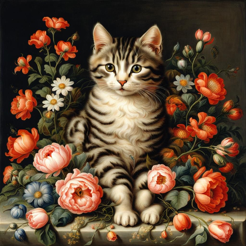 Cute Cat Surrounded by Flowers and Heart Lights