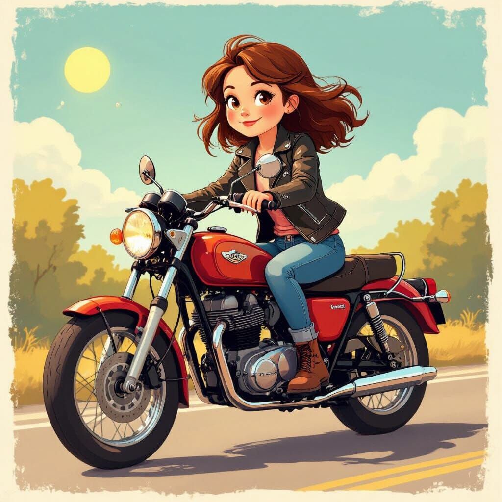 Girl on Motorcycle in Whimsical Illustration Style