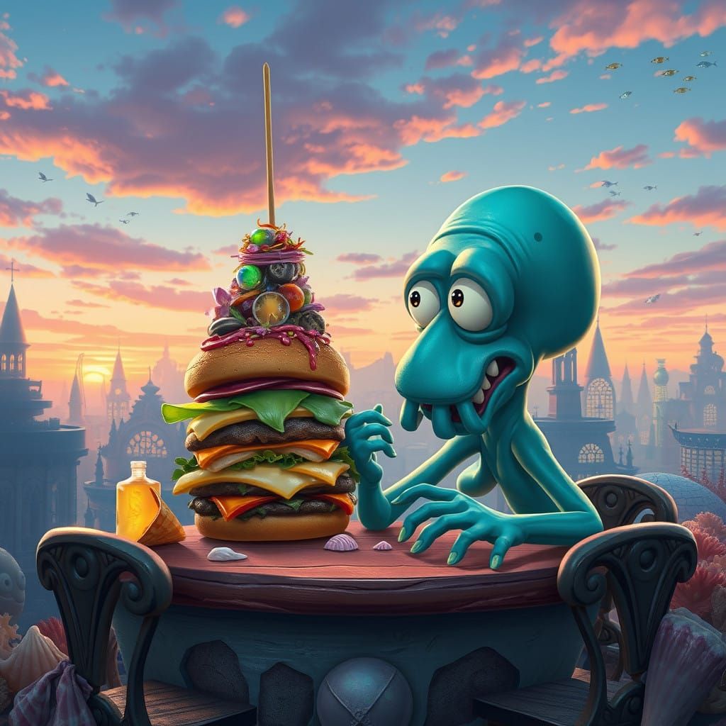 Surreal Squidward Indulges in Glowing Burger Amidst Underwat...