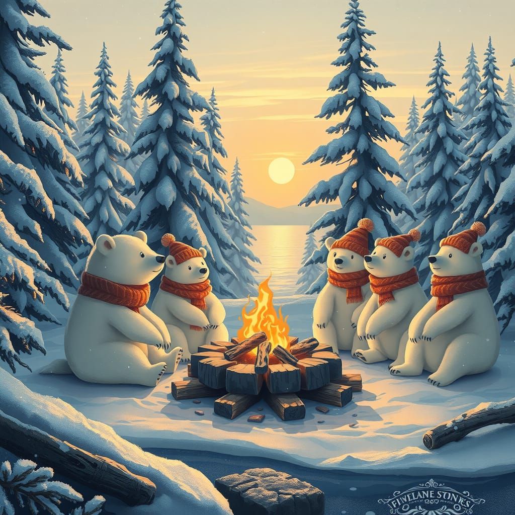 Winter Wonderland of Cutesy Polar Bears in Boreal Forest