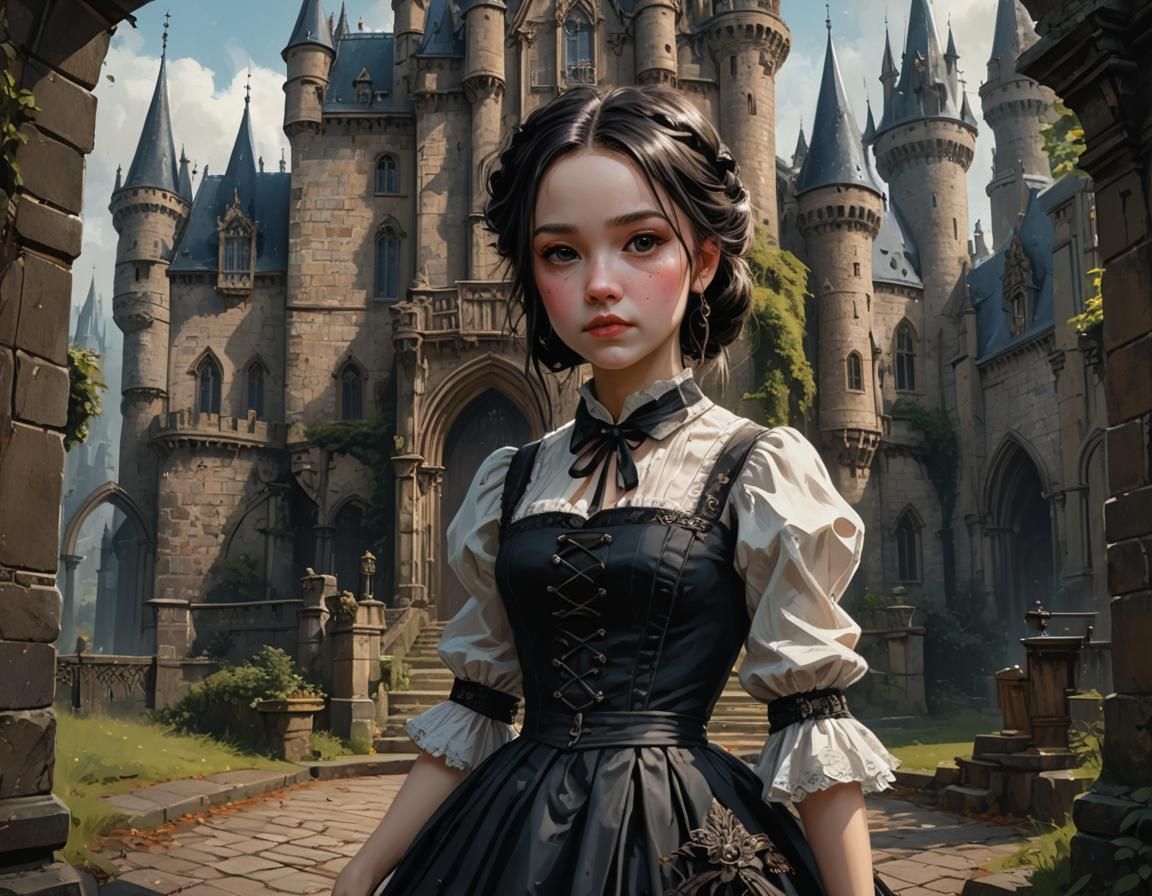 Wednesday Addams at Gothic Castle: Digital Illustration