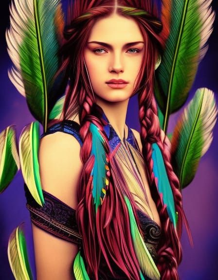 Fantasy Woman Portrait with Braids and Feathers