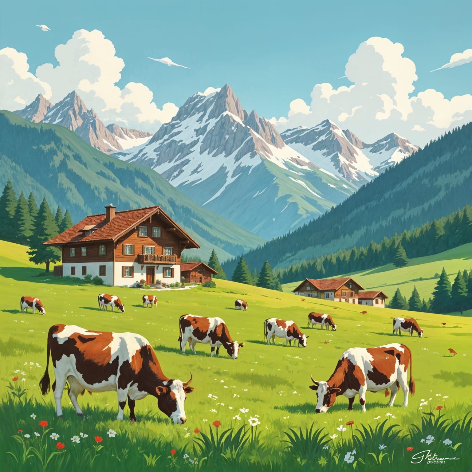 Whimsical Swiss Alps Chalet with Grazing Cows