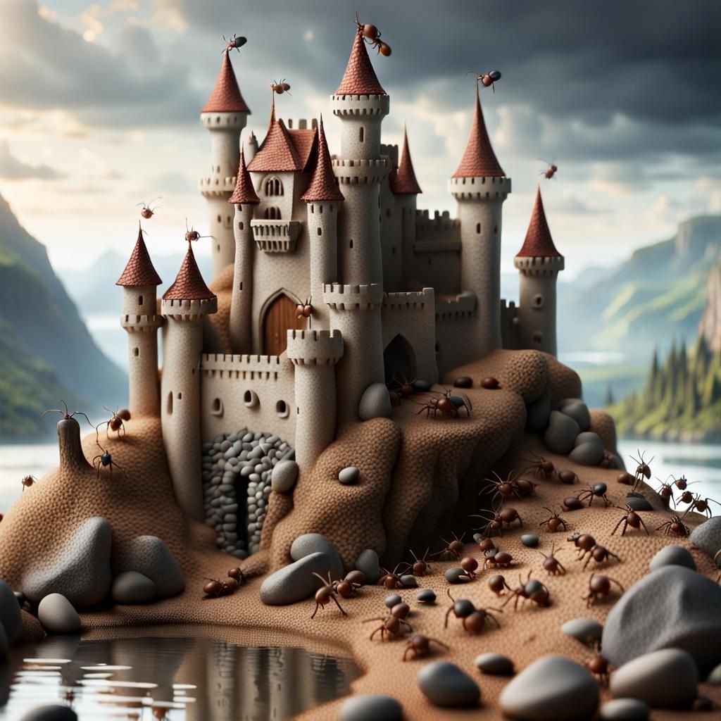 Medieval Pebble Castle Diorama: Little People vs. Giant Ants