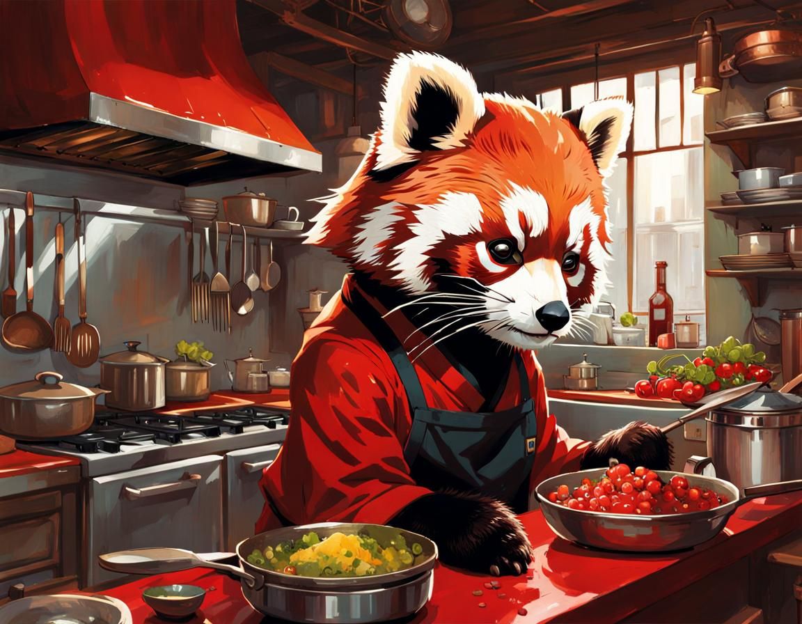 Red Panda Chef in Dieselpunk Kitchen, Manga Style