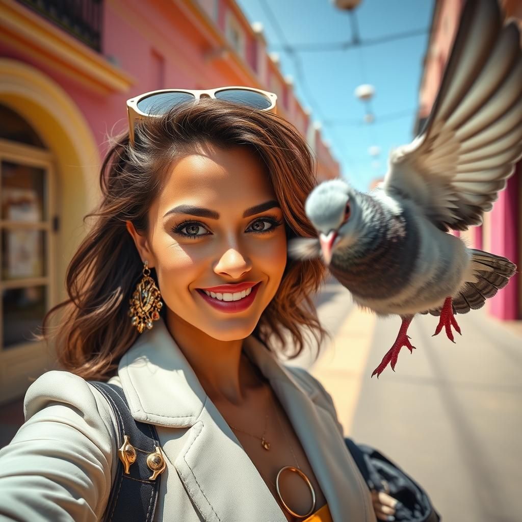 Woman's Selfie Interrupted by Pigeon, in Whimsical Style