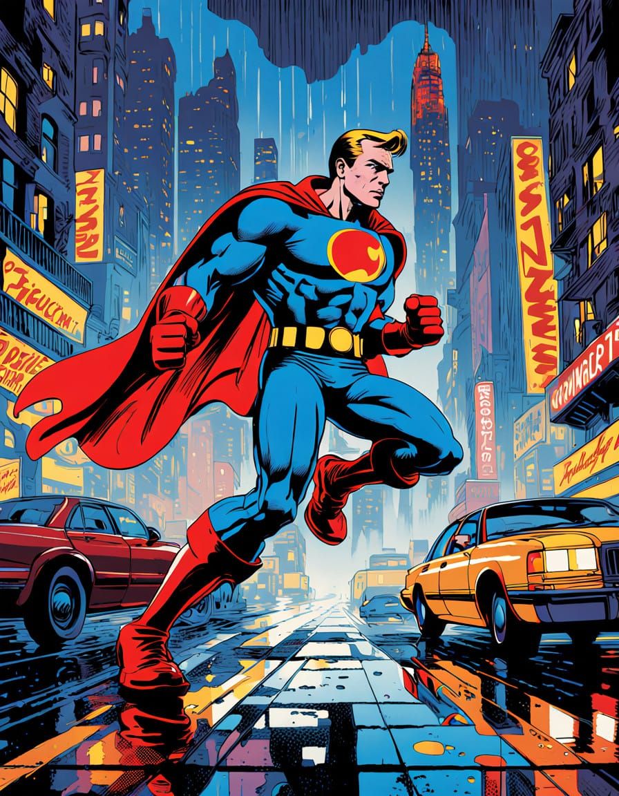 "A dynamic comic book-style scene featuring a heroic figure mid-action, bold ink outlines, vibrant halftone shading, and...