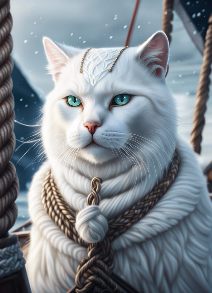 Nordic Cat Sails Viking Drakkar in Falling Snow