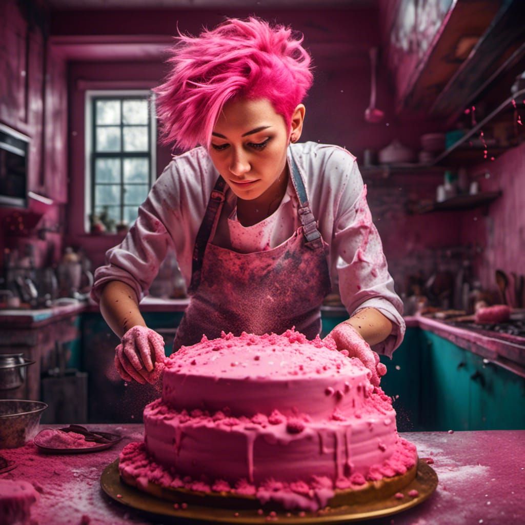 Hyperrealistic Pink-Haired Chef Baking a Pink Cake