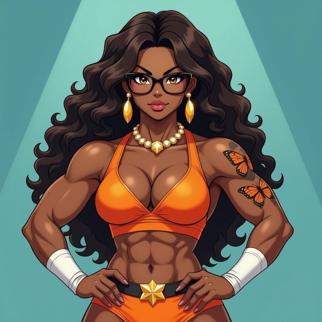 Powerful Black Anime Wrestler with Butterfly Tattoo
