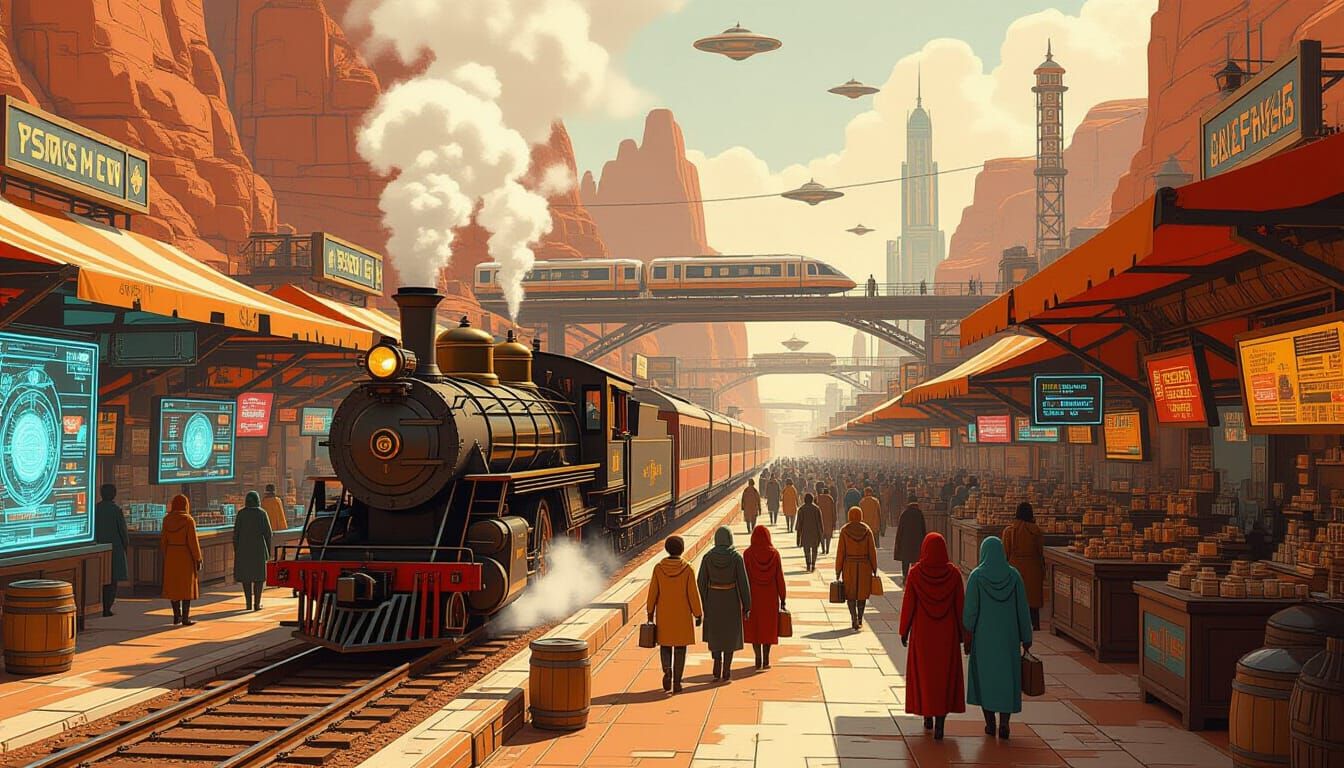 Retro-Futuristic Martian Marketplace Train Scene