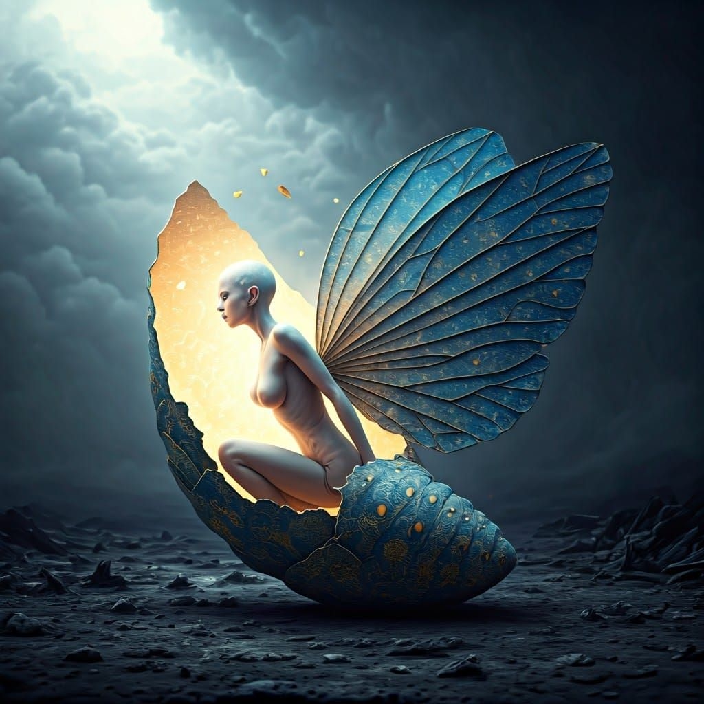 a humanoid figure with pale, hairless skin slowly emerging f...