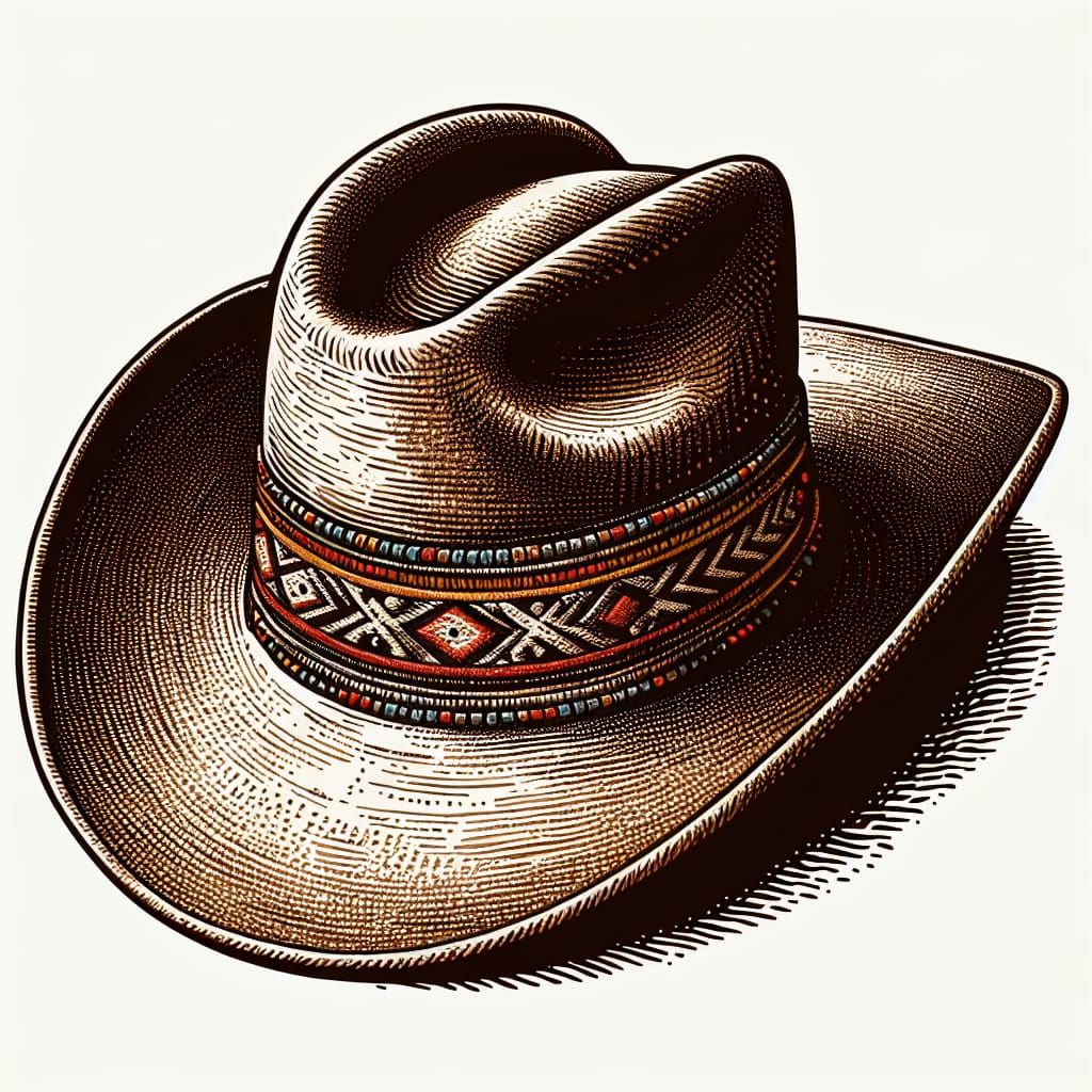 Cowboy Hat with Beaded Band in Woodcut Style