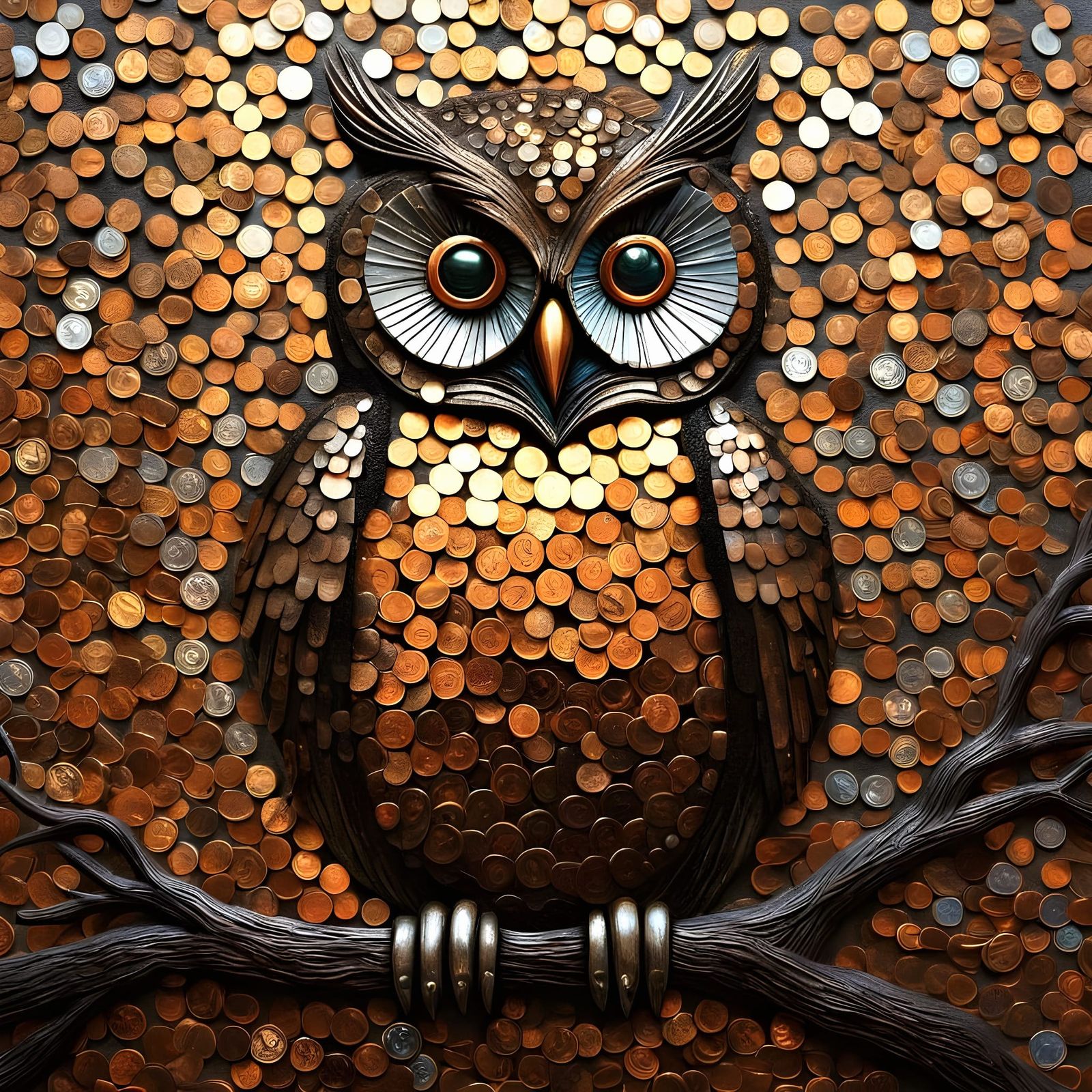 Anxious Owl Mosaic of Rusted Pennies and Coins