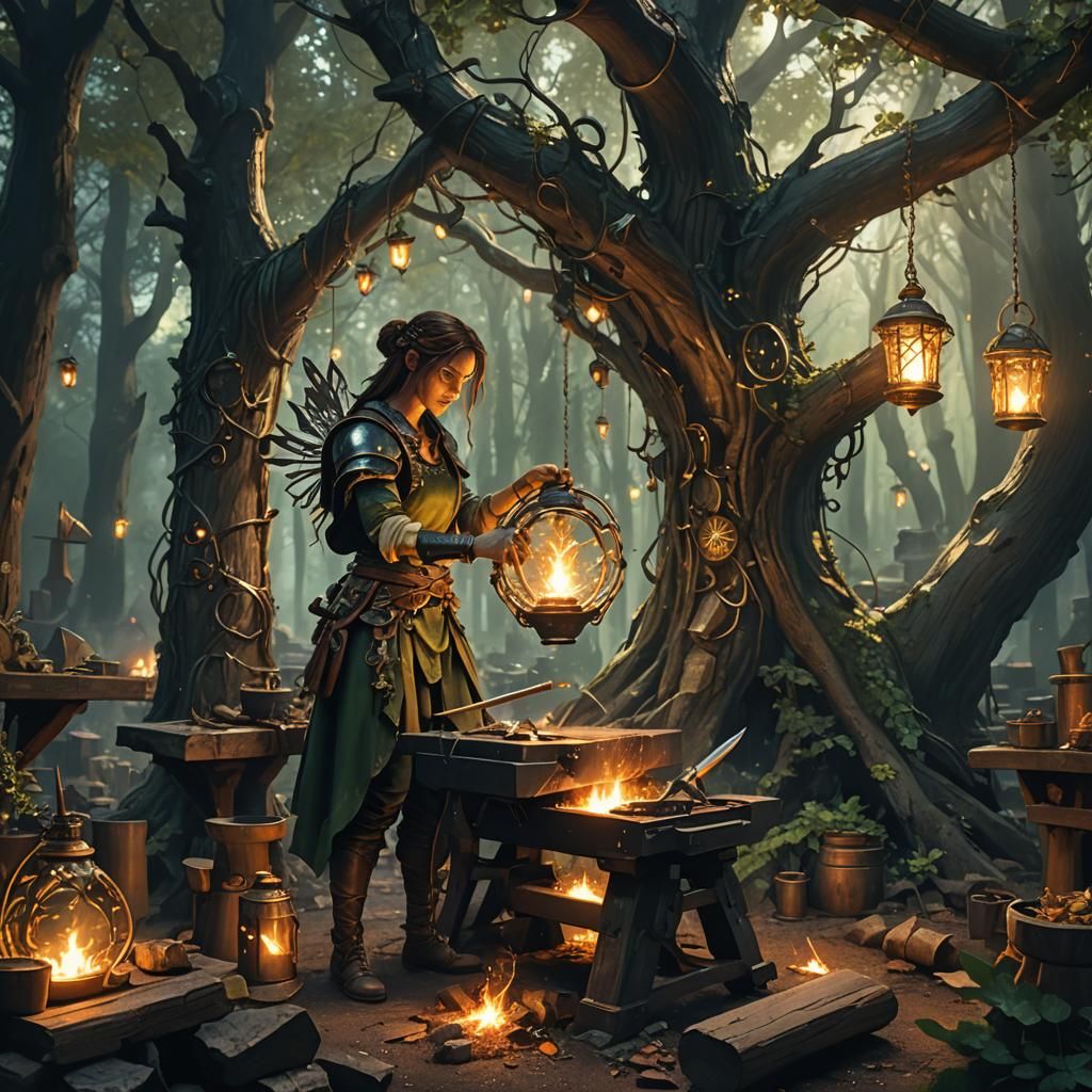 Fairy Blacksmith Forging Magical Weapons in Woodland Forge