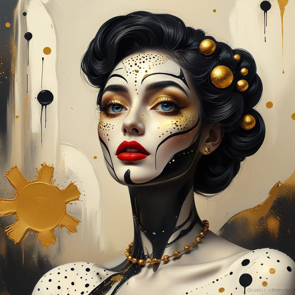 Surreal Portrait of Woman with Black, White, and Gold Paint
