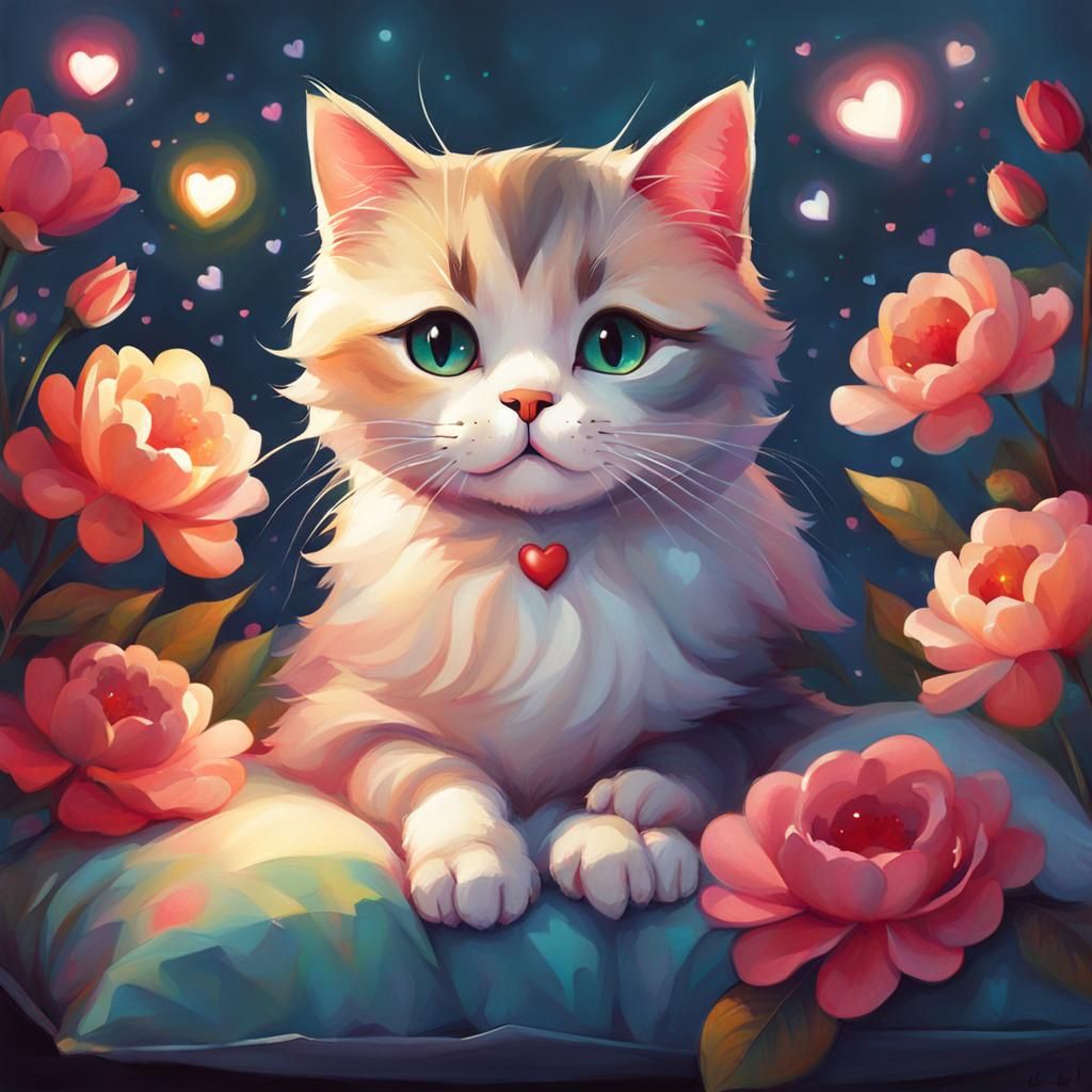 Cute Cat with Flowers, Digital Art