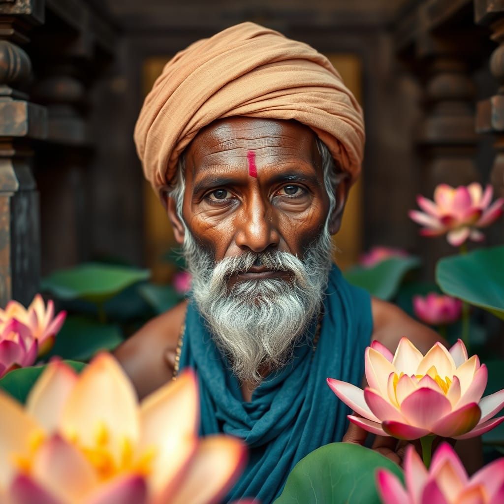 Indian Sadhu Portrait in Lotus Temple: Photographic Style