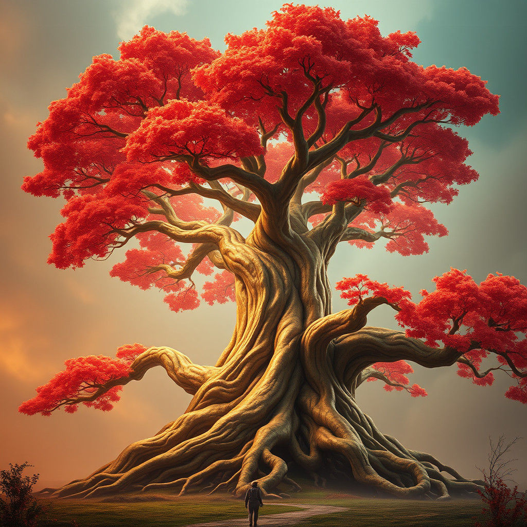 Majestic Giant Tree with Red Leaves and Golden Trunk