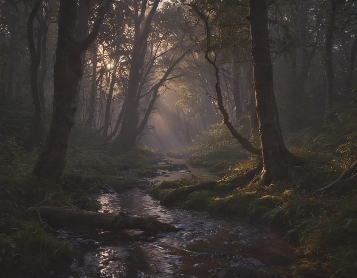 Cinematic Forest Stream at Twilight in Digital Art