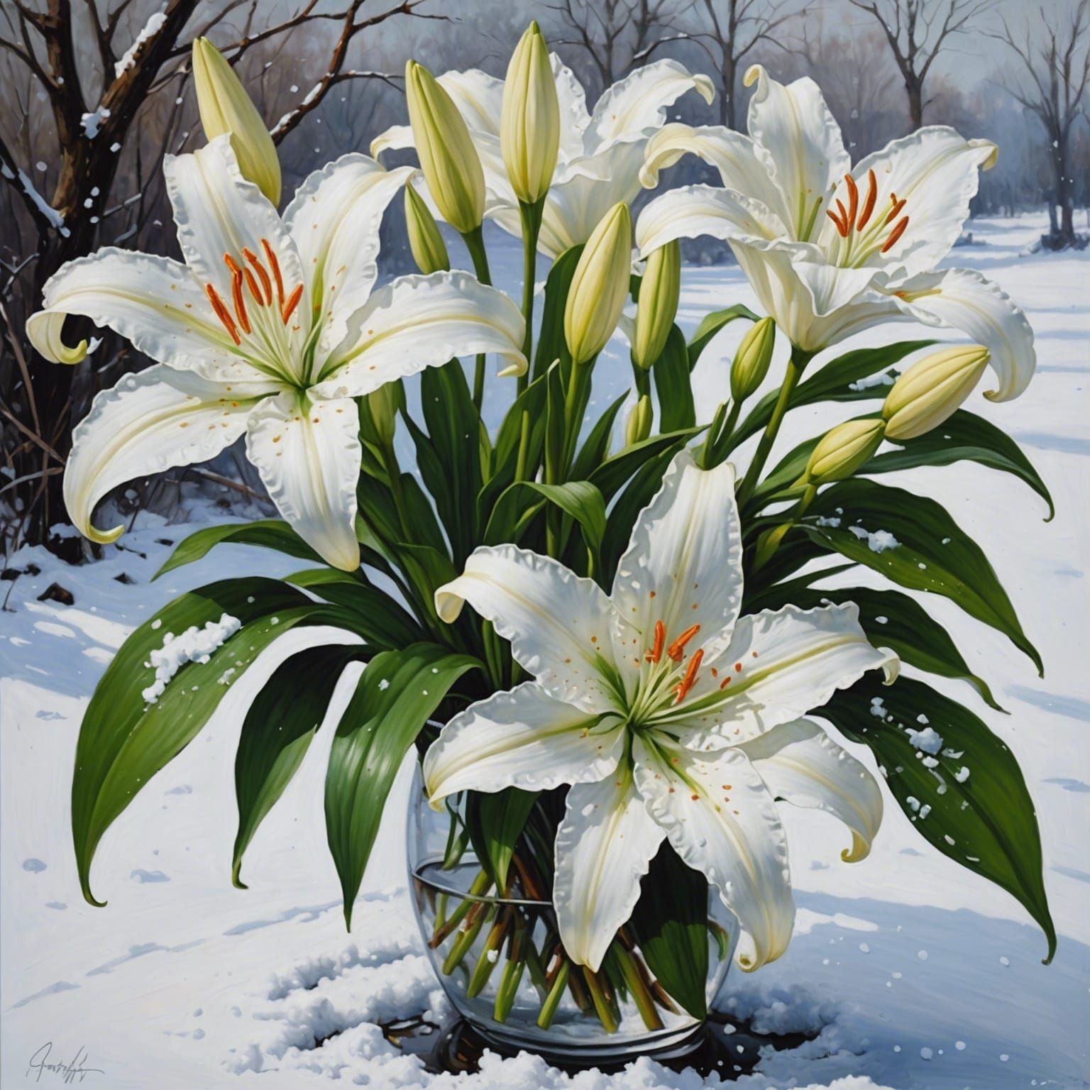 Luminous Spring Portrait in Oil, Snow-Kissed White Lilies