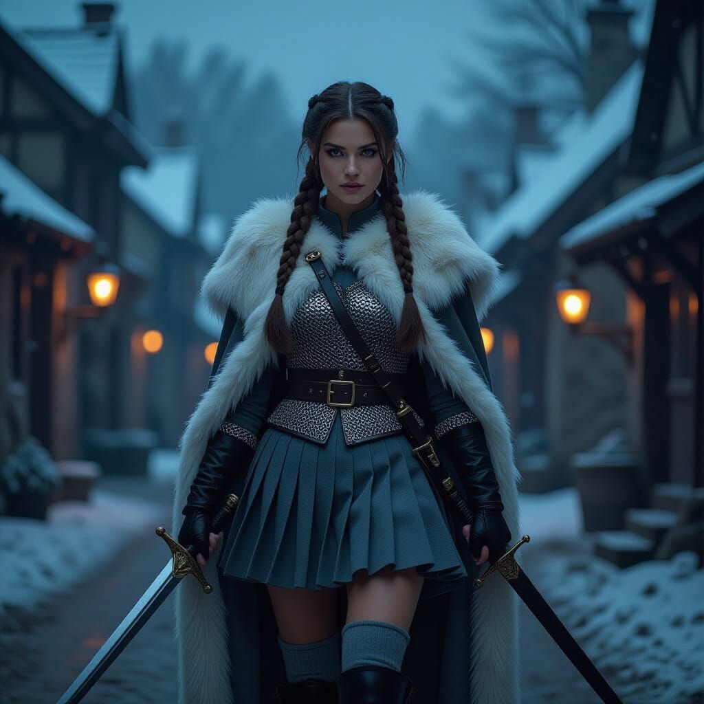 Warrior Woman in Medieval Village at Night