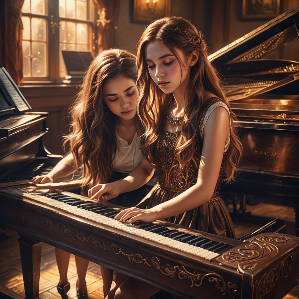 Girl at Piano in Sunlight: Fantasy Matte Painting