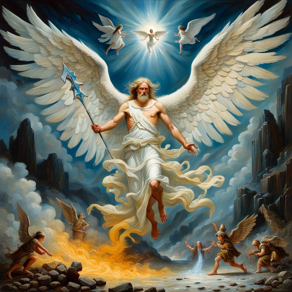 Seraphim Angel Destroying Demons as Oil Painting