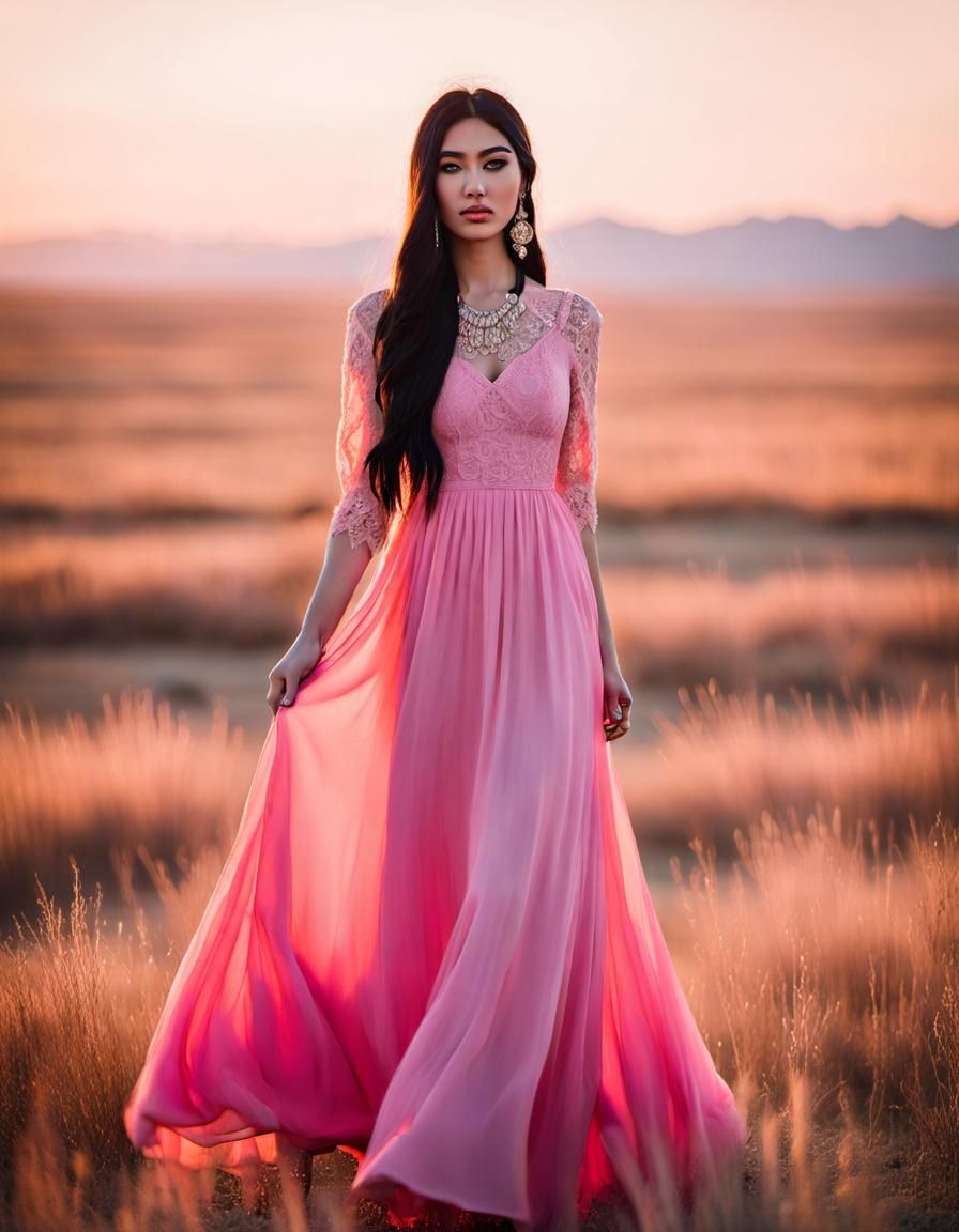 Kazakh Girl in Pink Dress on Steppe at Sunset