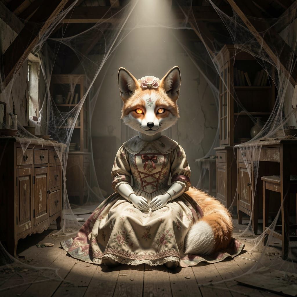 Eerie Porcelain Doll Kitsune in Dusty Attic