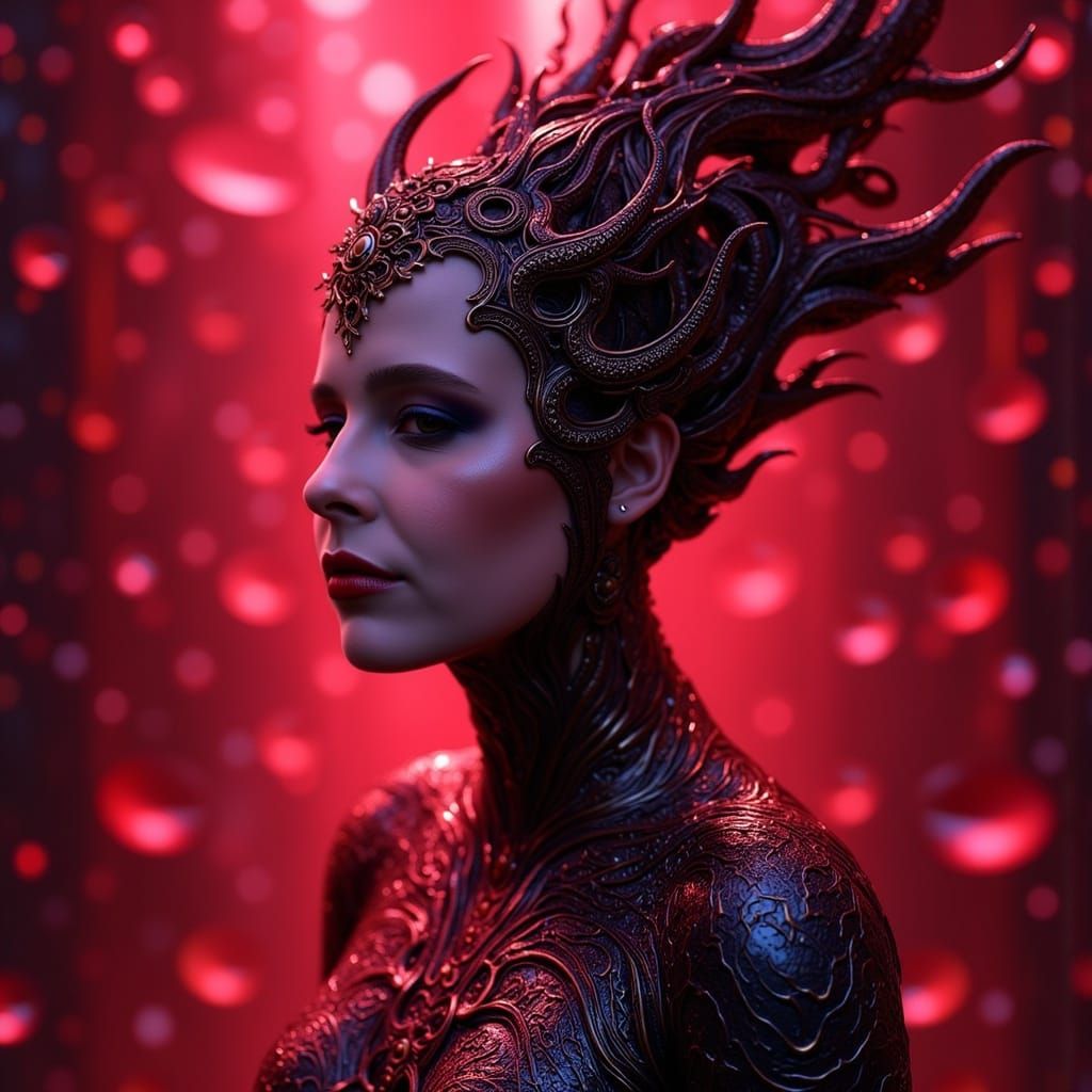 Surreal Alien Queen in Ruby Hues, Intricate Design, and Hype...