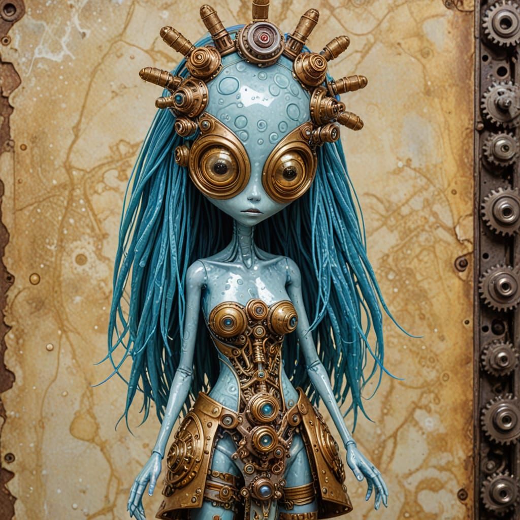 Steampunk Time Traveler Dance Fight in Encaustic Style